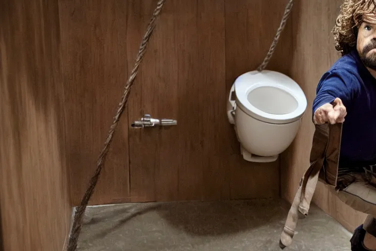 Image similar to peter dinklage climbing out of a toilet, movie still, from the new sleepaway camp movie, 8 k, realistic