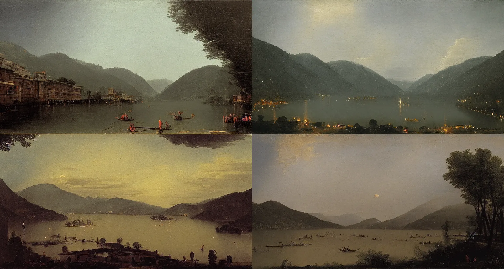 Prompt: Nainital Lake on a monsoon midnight, by Canaletto, trending on ArtStation, masterpiece