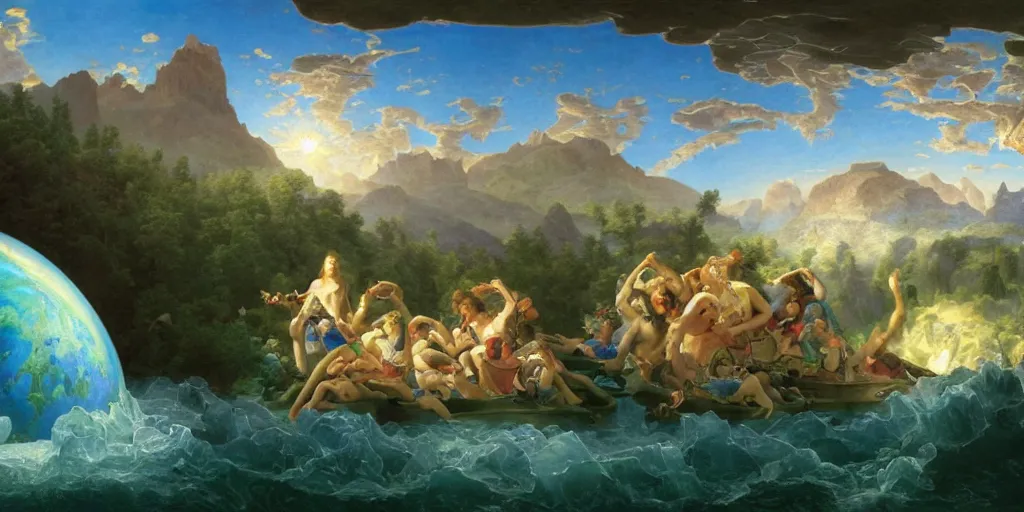 Image similar to The Great Turtle Island at the center of the Universe holding up the sky, Encircled by Mystical Interstellar Nether Worlds, Magic Fairyland, Going to the Sun Highway Glacier Park, Michael Cheval, François Boucher, William-Adolphe Bouguereau, Oil Painting, unreal 5, DAZ, hyperrealistic, octane render, Regal, Refined, Detailed Digital Art, RPG portrait, Anton Fadeev, Walt Disney (1937), Steampunk, Volumetric Golden dappled dynamic lighting, Highly Detailed, Cinematic Lighting, Unreal Engine, 8k, HD