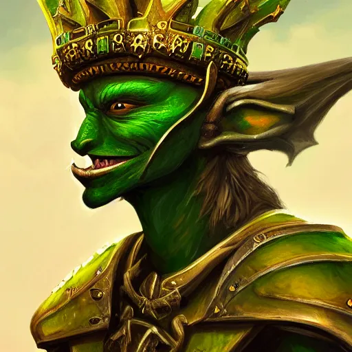 Prompt: half - length portrait of a goblin warrior. green skin, gold crown. fantasy, digital painting, hd, ultra - detailed.