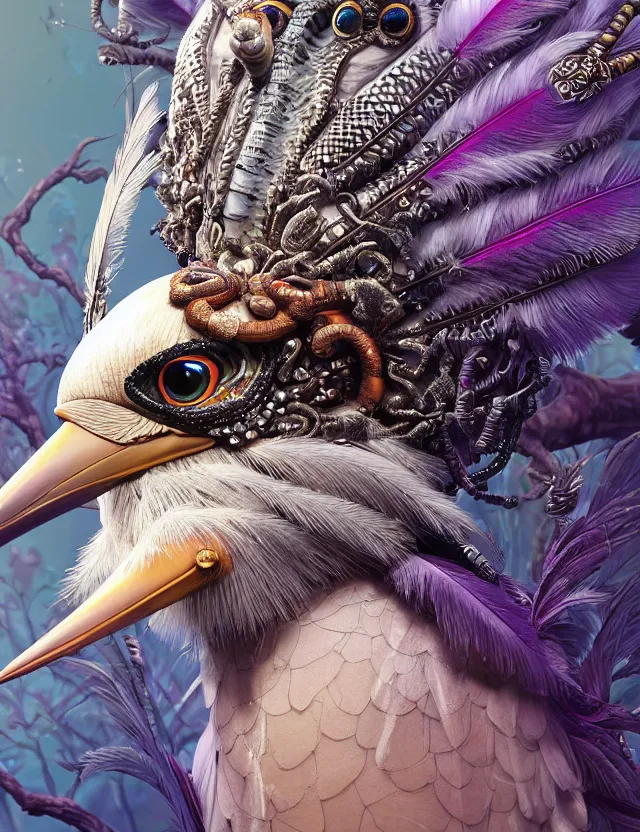 Image similar to 3 d goddess close - up profile portrait with feathers, fur, and bones. beautiful intricately detailed kookaburra mask and retrowave sorceress outfit. lizard scales, reflective chitin, optical mineralogy, songlines, plasma, creature, artwork by tooth wu and android jones wlop and android jones and beeple and greg rutkowski