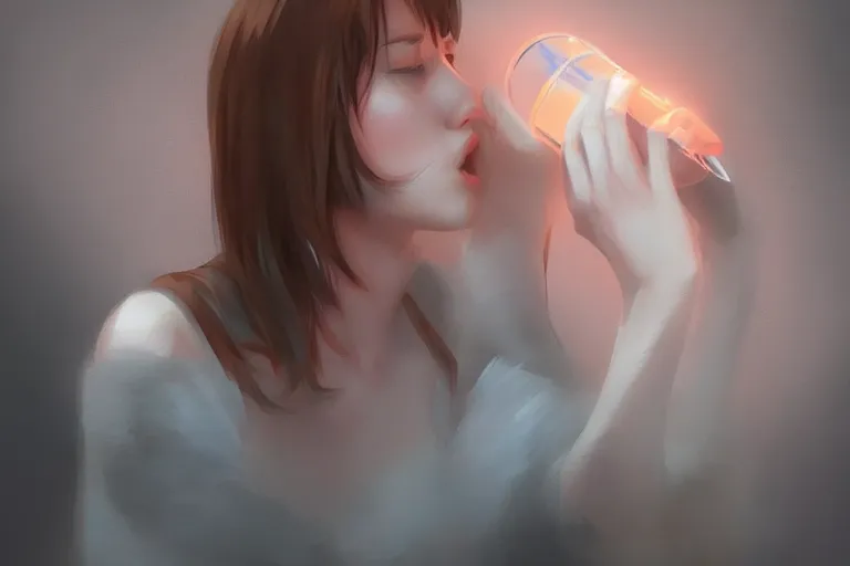 Prompt: a girl drinking water, digital art by wlop, greg ruthowski, ross tran, trending on artstation and deviantart, extremely high quality, amazing lighting