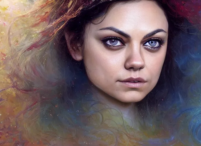 Image similar to Mila Kunis staring into the camera, misty wisps, Lilia Alvarado, Sophie Anderson, Mark Arian, Bob Byerley, Charlie Bowater, Mark Brooks, Steve Henderson, Justin Gerard, Arthur Hughes, Edward Robert Hughes, Mark Keathley, Victor Nizovtsev, Carlos Shwabe, Ross Tran, WLOP