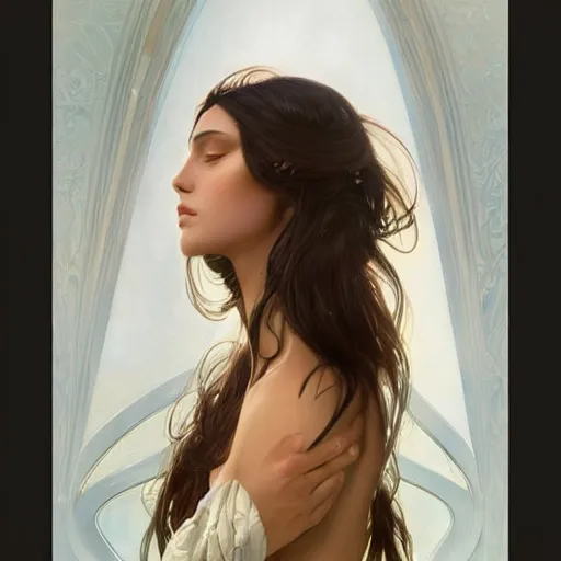 Prompt: Australian Supermodel, olive skin, long dark hair, beautiful bone structure, intricate, elegant, highly detailed, digital painting, artstation, concept art, smooth, sharp focus, illustration, art by artgerm and greg rutkowski and alphonse mucha