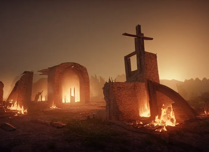 Prompt: a church is violently burning in the ruins of a native american village, burnt huts, bodies on the ground, jesus cross, horror, dramatic lighting, dawn, by caspar david friedrich, unreal engine 5