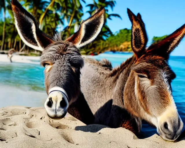 Image similar to realistic photo of a donkey sunbathing at the beach