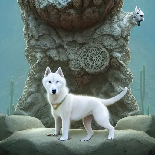 Image similar to white alaskan husky puppy creature in a desert lush oasis, warm tones : : by guillermo del toro, daniel merriam, victo ngai and michal karcz : : ornate, dynamic, particulate, intricate, elegant, highly detailed, centered, artstation, smooth, sharp focus, octane render