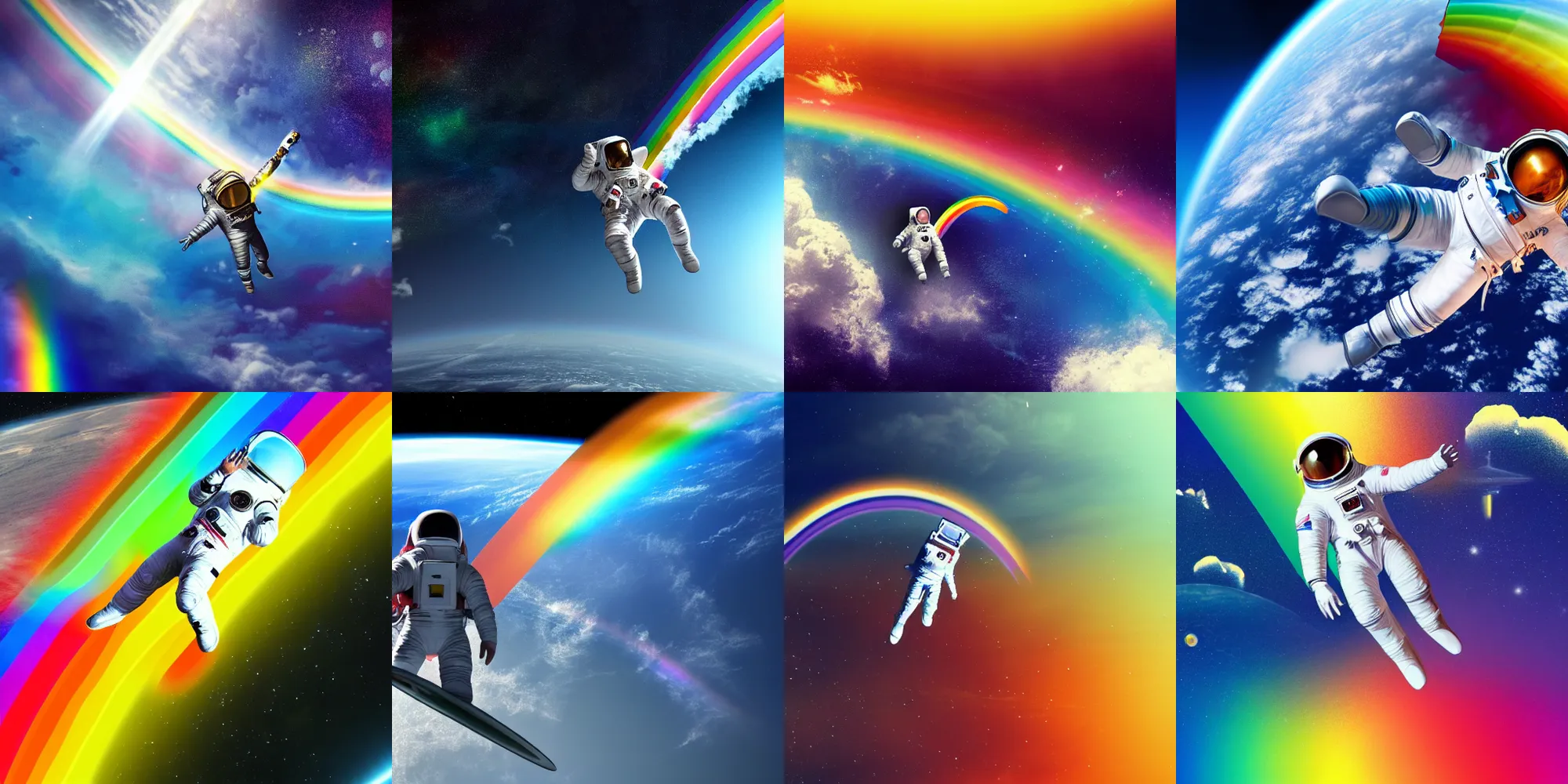 Prompt: A hyperrealistic photograph of an astronaut surfing on a rainbow in Space, 8k wallpaper, trending on artstation