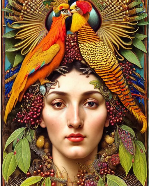 Image similar to hyperrealistic detailed face portrait of the beautiful goddess of the golden pheasants with an intricate headgear of golden pheasant, red berries, leaves, field flowers, pears, apples, art by ernst haeckel, john william godward, android jones, alphonso mucha, h. r. giger, gothic - cyberpunk, ornamental, beautiful deep colours,