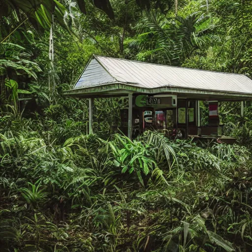 Image similar to An old Gas station in a dense jungle