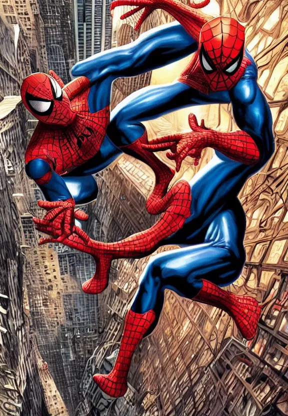 Prompt: spiderman fighting venom in a new york alley, comic book cover by lee bermejo and alex ross