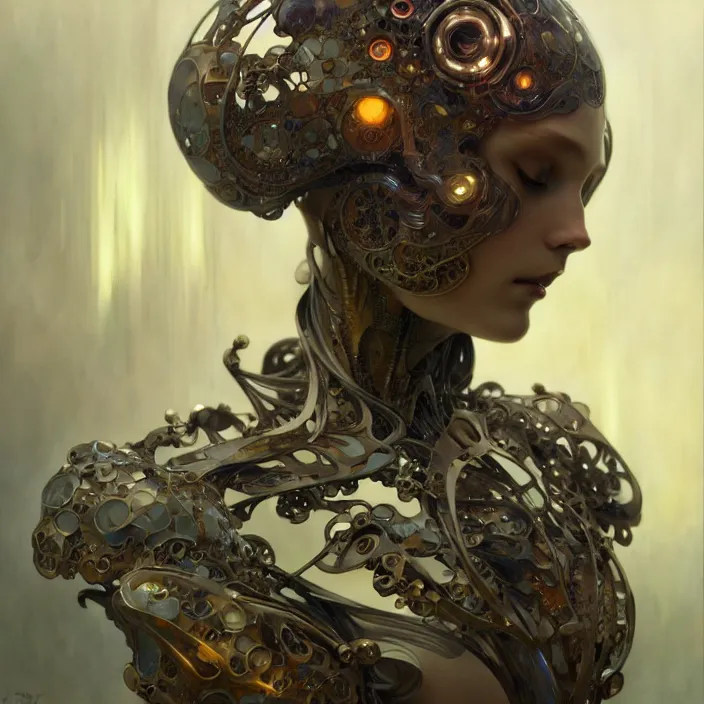 Image similar to organic cyborg, raku, diffuse lighting, fantasy, intricate, elegant, highly detailed, lifelike, photorealistic, digital painting, artstation, illustration, concept art, smooth, sharp focus, art by John Collier and Albert Aublet and Krenz Cushart and Artem Demura and Alphonse Mucha