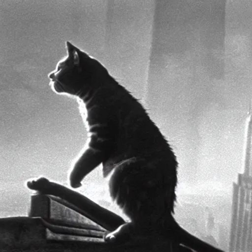 Prompt: A still of a cat climbing the Empire State Building in King Kong (1933)