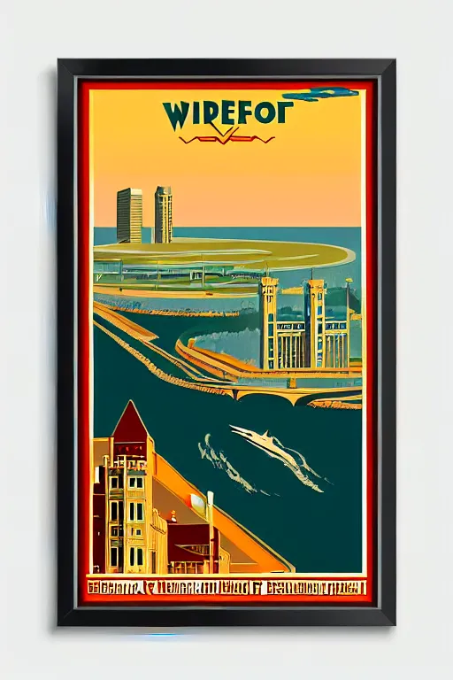 Prompt: art deco travel poster. windsor ontario, framed poster