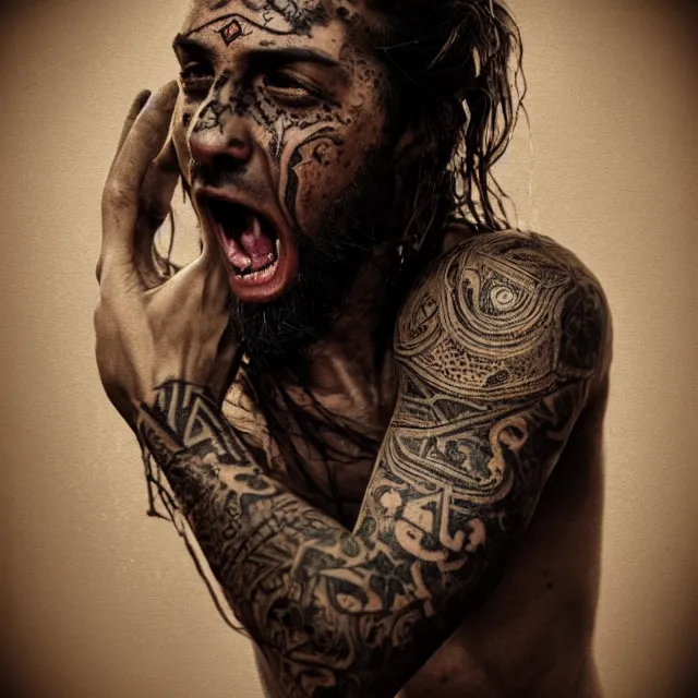 Image similar to photorealistic sepia painting of a single screaming male wearing a grey suit, nabatean aramaic tattoos on his skin, atmospheric lighting, dark, brooding, painted, intricate, ultra detailed, well composed, best on artstation, cgsociety, epic, stunning, gorgeous, intricate detail, much wow, masterpiece, cinematic aesthetic octane render, 8 k hd resolution,