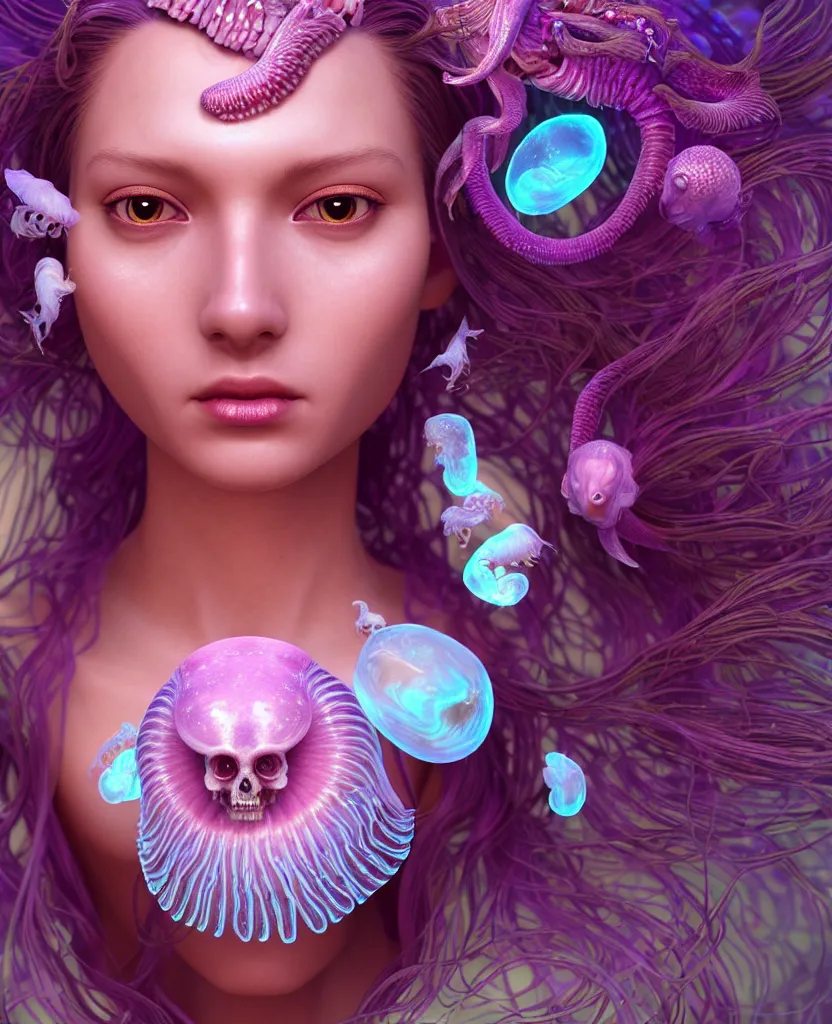 Image similar to goddess princess beautiful face close-up portrait ram skull zbrush sculpt. jellyfish phoenix head, nautilus, orchid, skull, betta fish, bioluminiscent creatures, intricate artwork by Tooth Wu and wlop and beeple. octane render, trending on artstation, greg rutkowski very coherent symmetrical artwork. cinematic, hyper realism, high detail, octane render, 8k