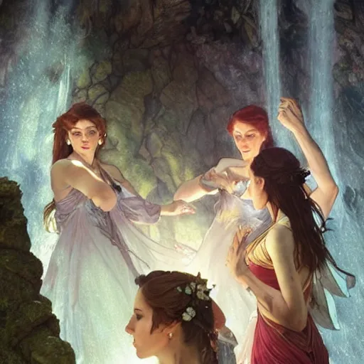 Image similar to an extremely detailed portrait of four polyamorous witches dancing in a cavern behind a waterfall, epic fantasy, viewed in profile from far away, sharp focus, detailed face, art by greg rutkowski and alphonse mucha, volumetric lighting, 4 k resolution, trending on artstation, masterpiece