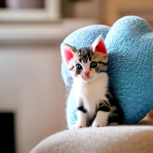 Prompt: A cute little kitten sits on the top of a plush heart-shaped pillow near fireplace, Canon EOS R3, f/1.4, ISO 200, 1/160s, 8K, RAW, unedited, symmetrical balance, in-frame