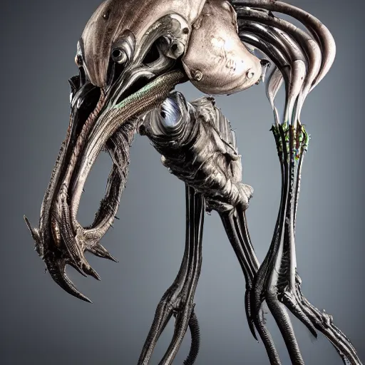 Prompt: full body studio shot of an ostrich - xenomorph hybrid, designed by h. r. giger, borg, matrix, 4 k photo