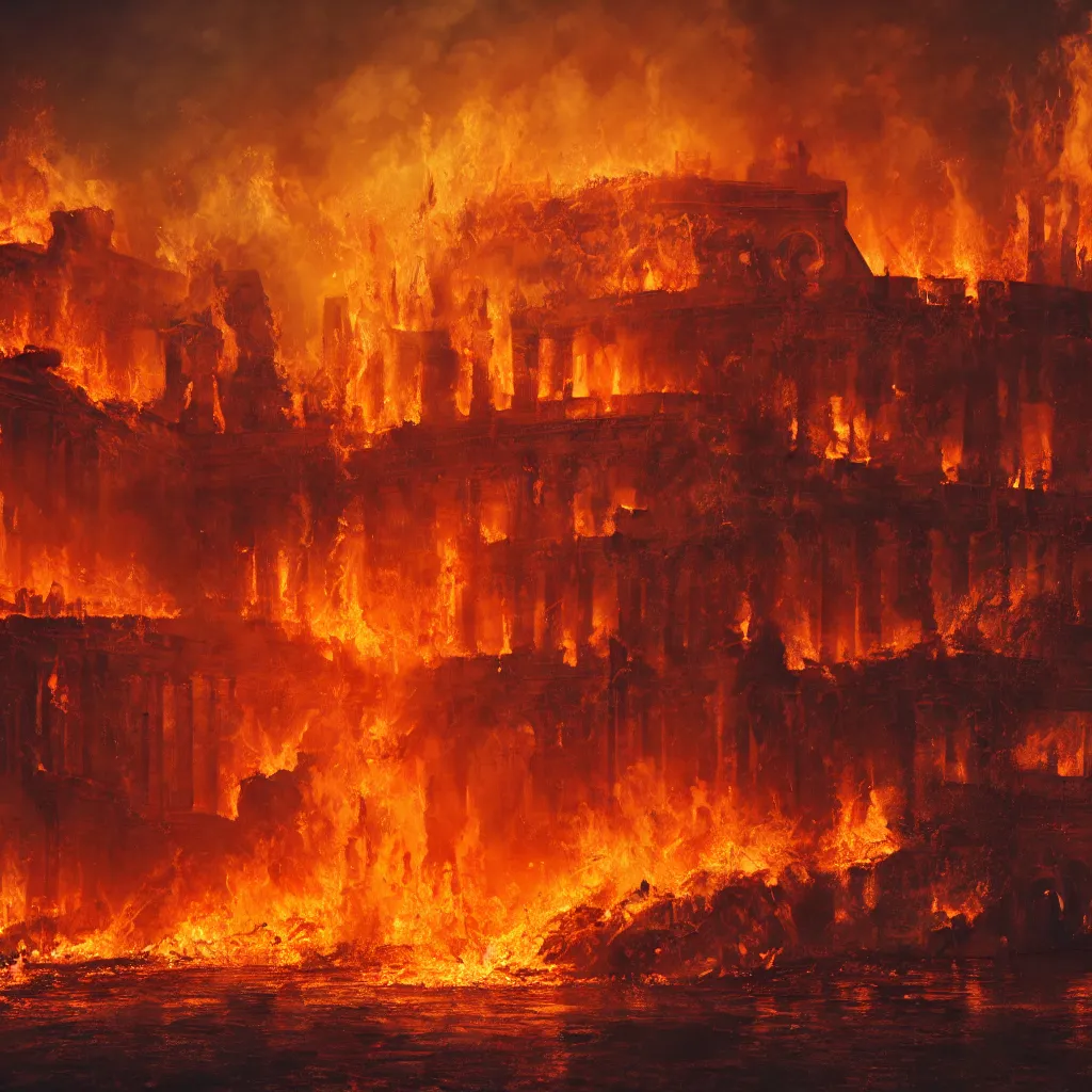 Image similar to painting of the great fire of rome, abstract, realism, 8 k, detailed, terror, octane render, 3 d render, complex emotion, glow, orange, beautiful, cinematic