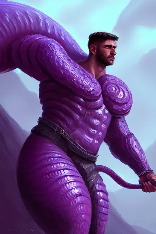 Image similar to male fighter, a giant purple worm is visible in the back, fantasy, intricate, elegant, highly detailed, digital painting, artstation, concept art, smooth, sharp focus, illustration, art by Jovan Delic