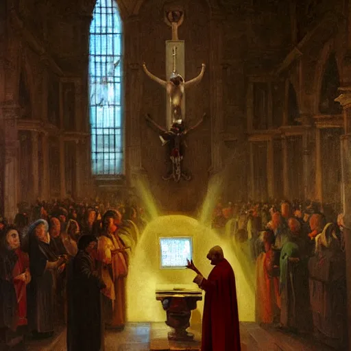 Image similar to a priest baptizing a cyborg in a vatican church wide - angle. holy light. painting.