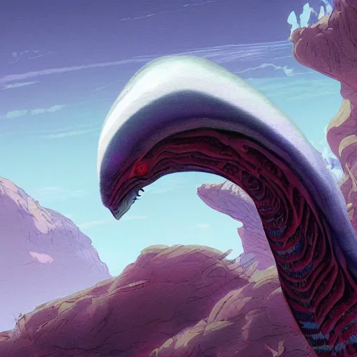 Image similar to concept art painting of an alien animal creature, detailed, cel shaded, in the style of makoto shinkai and moebius and james gurney