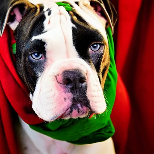 Image similar to portrait of american bulldog as afghan puppy, green eyes and red scarf looking intently, photograph by steve mccurry