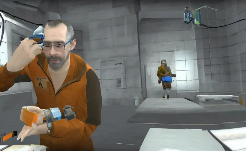 Prompt: half life 1 scientist eating chunks out of the test sample