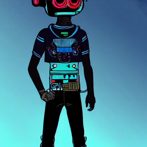 Prompt: in the style of max prentis and deathburger and laurie greasley a young mixed race male explorer wearing a cyberpunk headpiece who is standing on a giant robot head, highly detailed, 8k wallpaper, adventure time colour palette