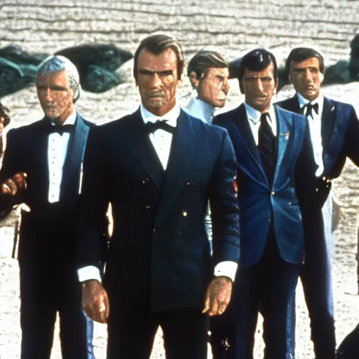 Prompt: battle royale between james bond actors sean connery, roger moore, timothy dalton, george lazenby, pierce brosnan, and daniel craig