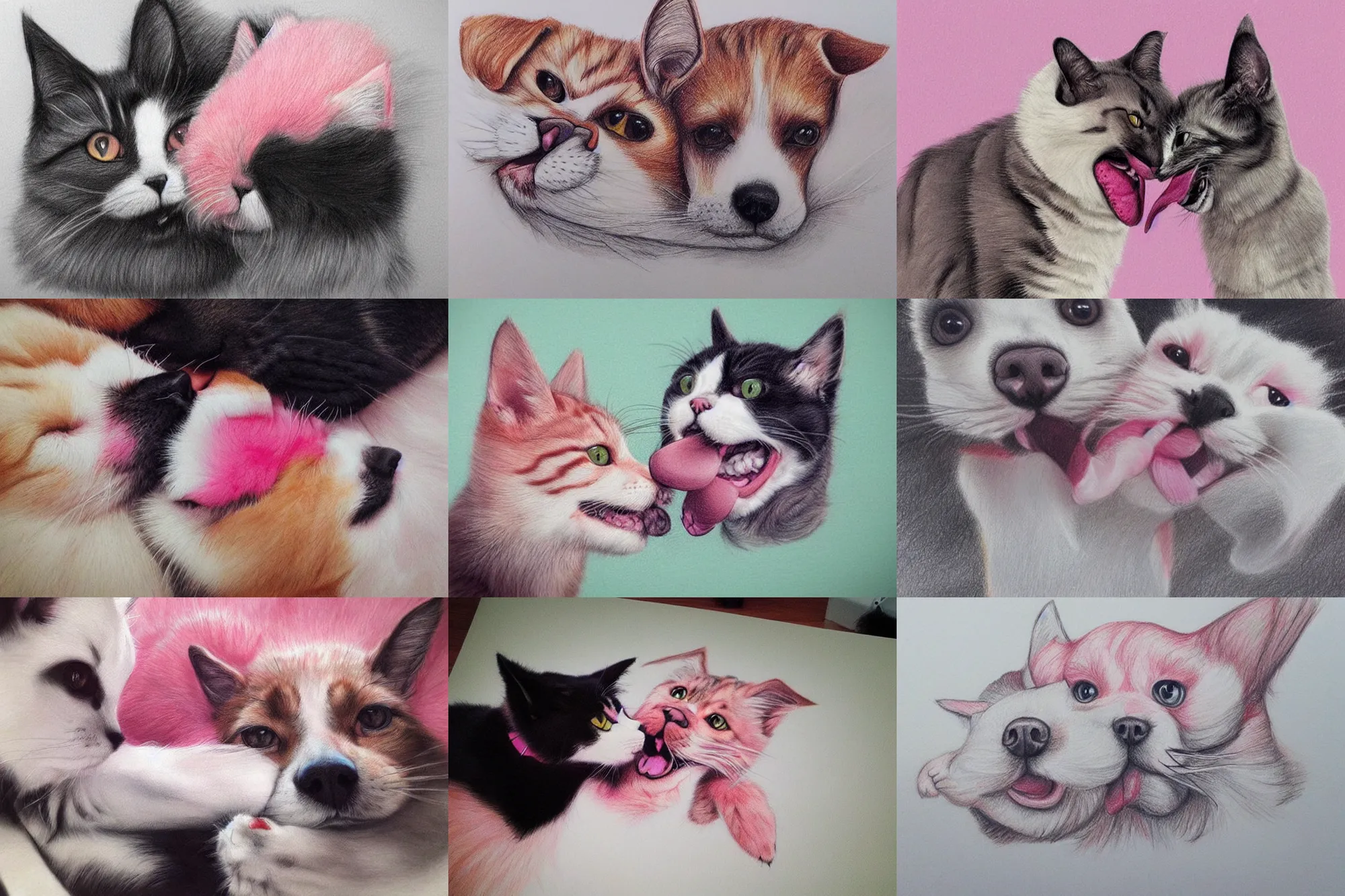 Prompt: cat and dog licking each other, cute drawing, trending on Artstation, long tongue, (pink colors), trending on Twitter, trending on Instagram, very beautiful fur, perfect animal, photorealistic