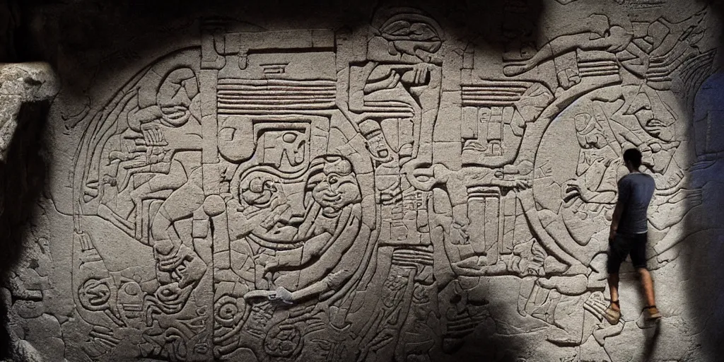 Image similar to pascal votan the space navigator as etched in stone, Mayan hieroglyph by Liam Wong and Boris Vallejo