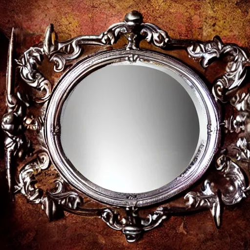 Image similar to a mirror in the shape of an antique silver tray floating and shooting purple magic in a castle, digital art