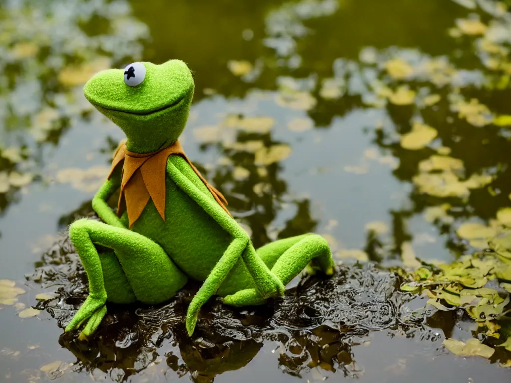 Image similar to Kermit the frog by a pond 35mm portrait photography depth of field golden hour award winning