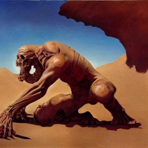 Image similar to rampaging flesh golem in a desert with bones scattered in the sand, wide scene, art by frank frazetta