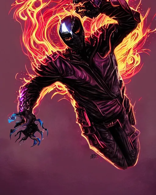 Image similar to ghost rider symbiote, purple and red variant, dynamic lighting, fantasy concept art, trending on art station, stunning visuals, creative, cinematic, ultra detailed, comic strip style