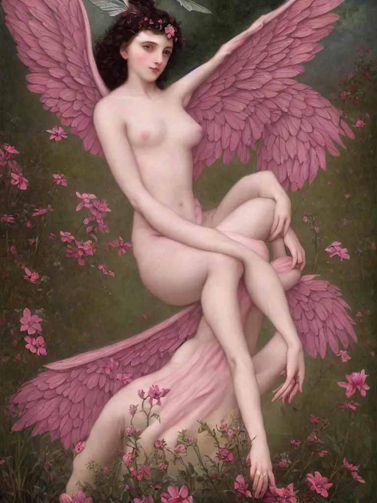Image similar to one pink fairy with large wings exploring her lonely flower garden by herself in the style of tom bagshaw, william bouguereau, extremely detailed, muted colors, symmetrical face, large eyes, beautiful face