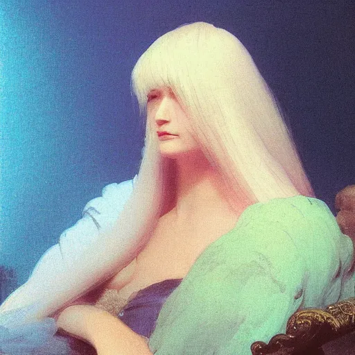 Image similar to a young woman's face, her hair is white and she wears a cobalt blue satin cloak, by ivan aivazovsky and syd mead and moebius and gaston bussiere and roger dean and pieter claesz and paul delaroche and alma tadema and aelbert cuyp and viktor vasnetsov, hyperrealistic, volumetric light, octane render