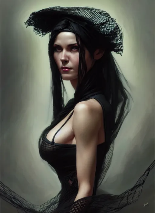 Image similar to a _ fantasy _ style _ portrait _ painting _ of widow black net bonnet, oil _ painting _ unreal _ 5 _ daz. _ rpg _ portrait _ extremely _ detailed _ artgerm _ greg _ rutkowski _ greg