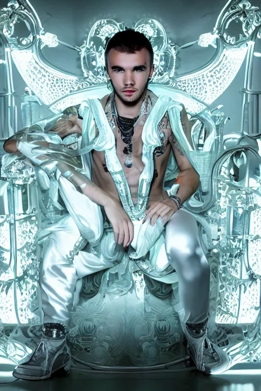Prompt: full-body rococo and cyberpunk style neon statue of a muscular attractive Liam Payne macho dotado e rico android sim roupa reclining con las piernas abertas e la piroca dura, glowing white lasers, glowing eyes, silver prince crown, silver steampunk gears, white diamonds, swirling mint-colored silk fabric. futuristic elements. ethereal white dripping tar. full-length view. space robots. human skulls. intricate artwork by caravaggio. Trending on artstation, octane render, cinematic lighting from the right, hyper realism, octane render, 8k, depth of field, 3D