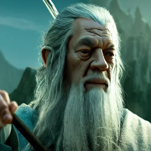 Prompt: film still of gandalf starring as the hulk, high detail shot, smoking, render, cgsociety, photorealism