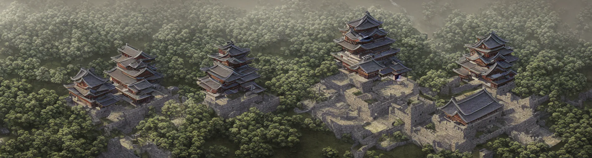 Prompt: photo realistic landscape of medieval japan castle, aerial photography, exquisite detail, octane render, 8 k postprocessing,