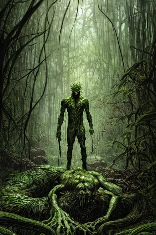 Image similar to realistic photo of the swamp thing, through the creepy forest, on the way lies a rotting corpse among the rocks. and he takes it in his hands. deep focus, intricate, elegant, highly detailed, digital painting, station art, concept art, matte, sharp focus, illustration, art by artgerm and greg rutkowski and alphonse mucha