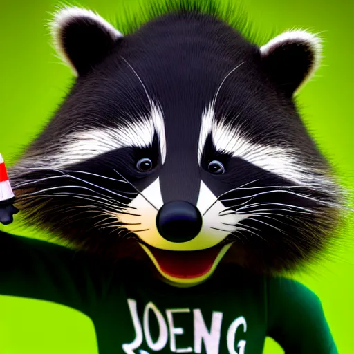 Image similar to a relaxed stoner with a black hoodie on with a marijuana themed dark green raccoon head from dr seuss, 3 d, blender 3 d, render, extremely detailed, 8 k, detailed fur
