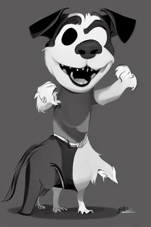 Prompt: cute jack black and white russel terrier smiling at the viewer, large round eyes, concept art, game art, character sheet, character design, sketch by cory loftis and bill schwab