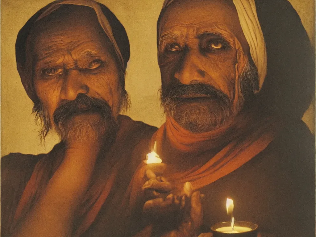 Image similar to Expressive portrait of an old Indian mystic. Candlelight. Painting by Georges de la Tour, August Sander