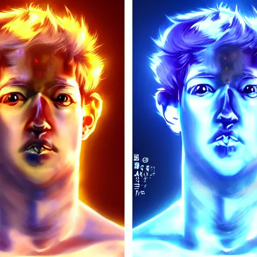 Image similar to anime portrait of Mark Zuckerberg as a shaman yedi using dark force to eliminate trump as an anime antagonist by Stanley Artgerm Lau, WLOP, Rossdraws, James Jean, Andrei Riabovitchev, Marc Simonetti, and Sakimichan, trending on artstation