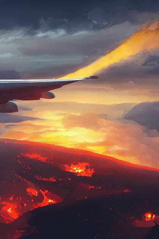 Image similar to airplane window view, the end of the word, huge fire, matte painting, ilya kuvshinov landscape, very detailed, ArtStation