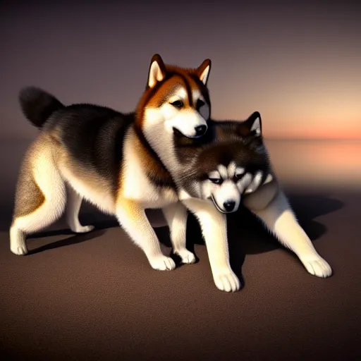 Image similar to a hyperdetailed photograph of a shiba inu hugging a husky malamute in a bright room, hd, 8 k resolution